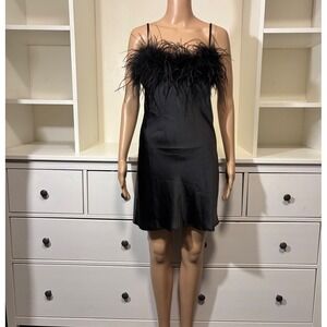 Womens Black Satin Feather Trim Mini Slip Dress XS Adjustable Straps